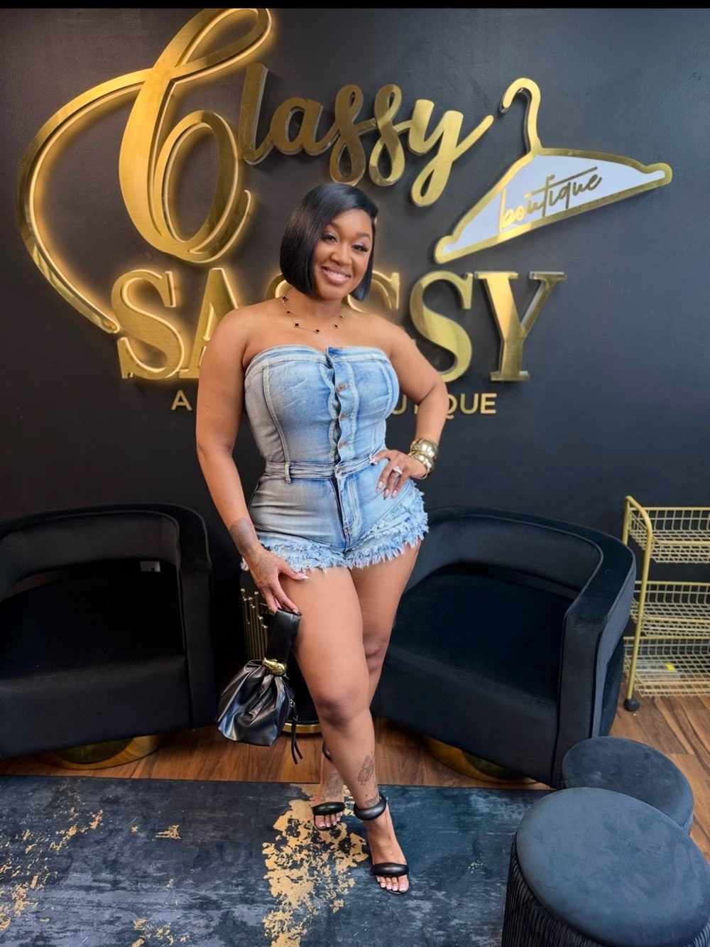 Denim Strapless Button-Front Romper in Light Blue